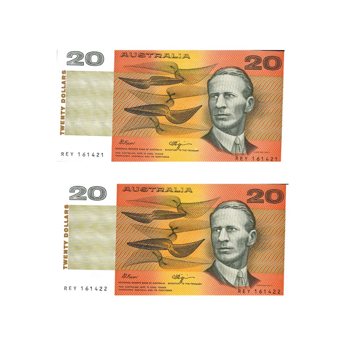 1990 R412 $20 Fraser/Higgins Banknote Consecutive Pair Uncirculated