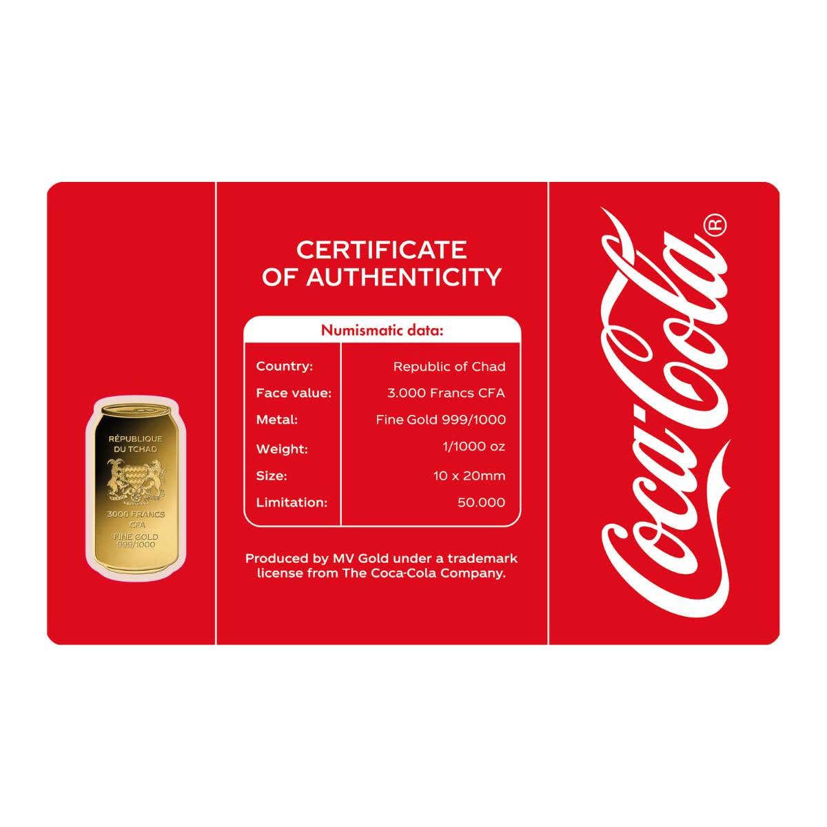 Coca-Cola Can 2023 3000Fr 1/1000oz Gold Coin in Card