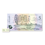 1993 $5 R216F Fraser/Evans Ba93 First Prefix Banknote Uncirculated