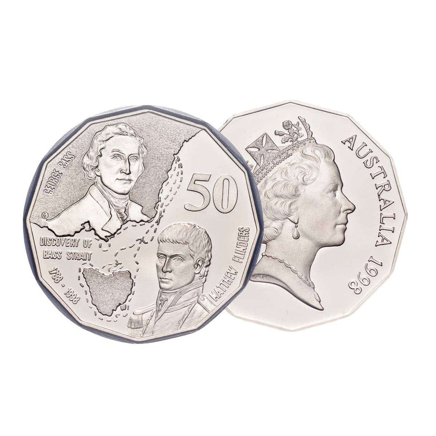 1998 Bass and Flinders commemorative 50 cent coin showing the high-relief vessel design on the reverse