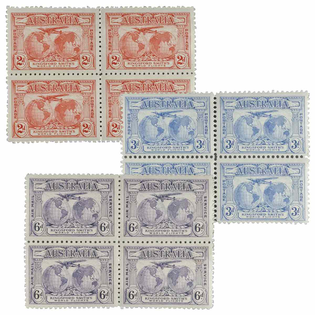 1931 Kingford Smith World Flight Blocks of 4 set of 3 MUH (12 stamps)