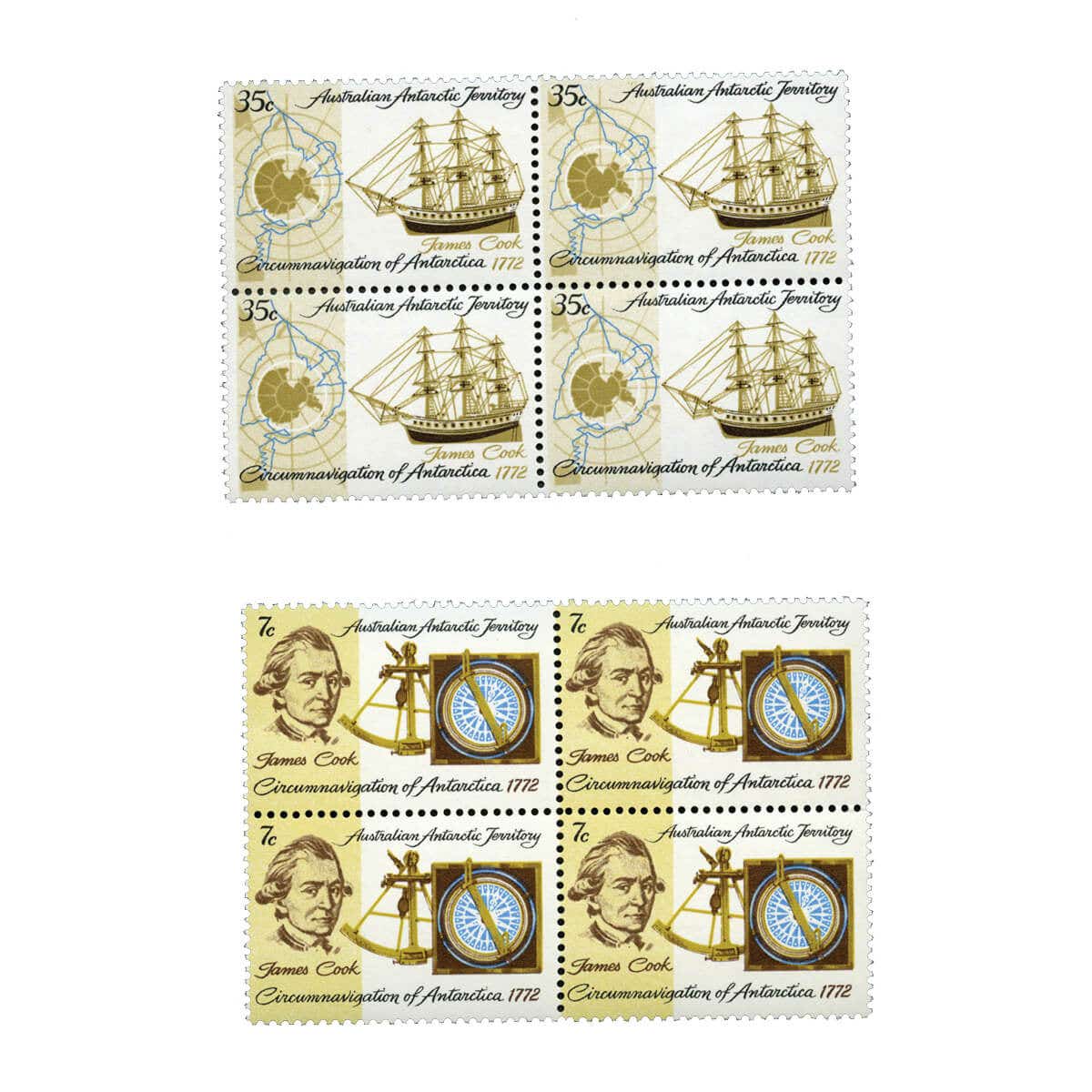 Australia Captain Cook AAT 1971 7c & 35c Stamp Block of Four Pair Mint ...