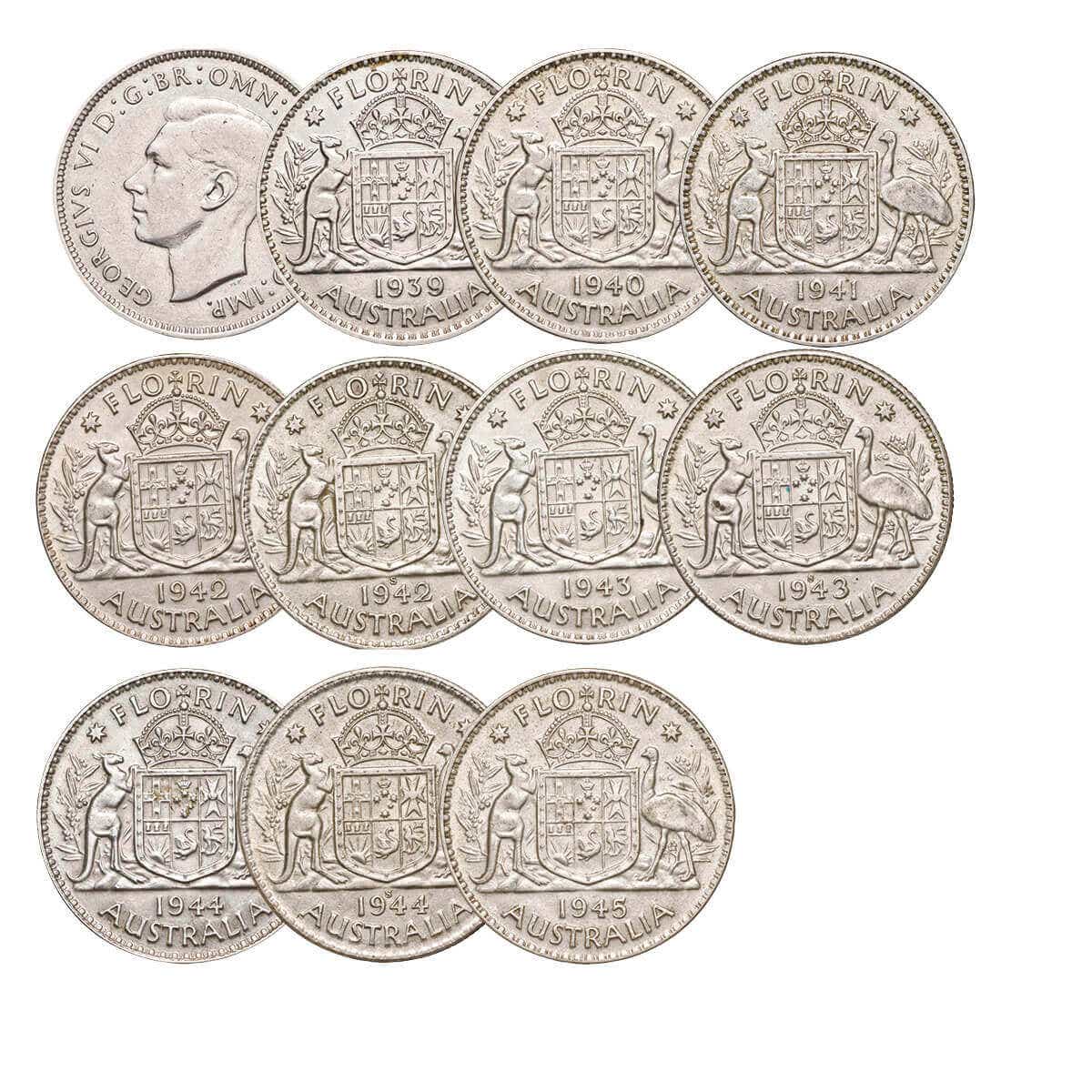 1939-45 Florin Complete 10-Coin Set Fine - Very Fine