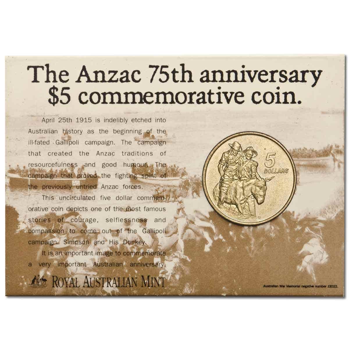 Anzac 75th Anniversary 1990 $5 Al-Br Uncirculated Coin