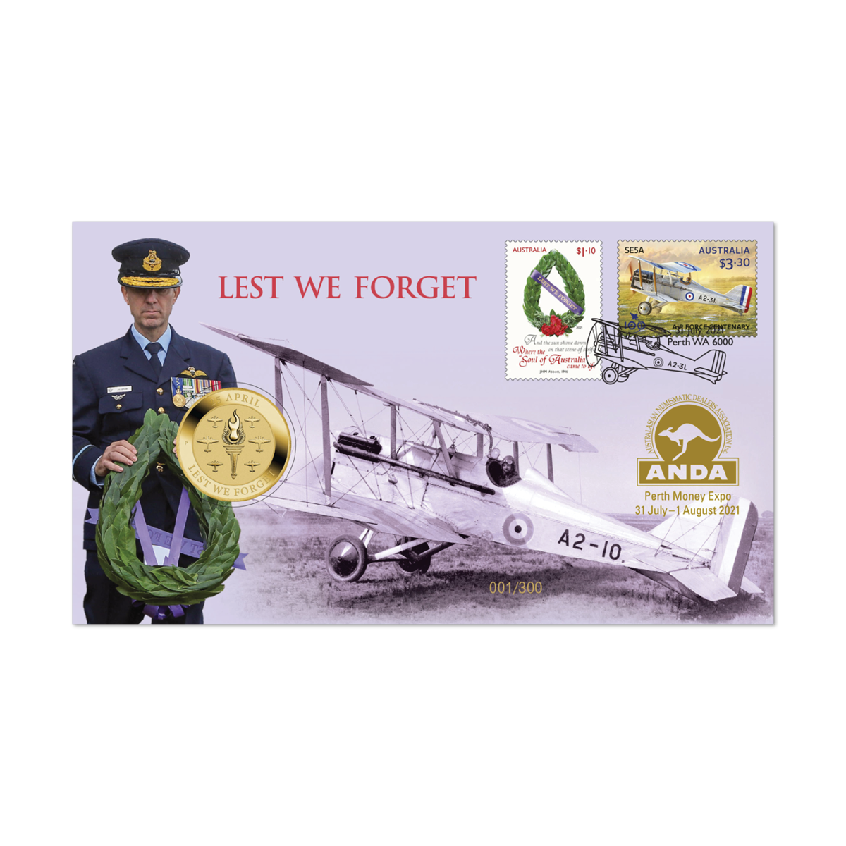 Perth Money Expo 2021 $1 Lest We Forget RAAF Centenary Stamp & Coin Cover