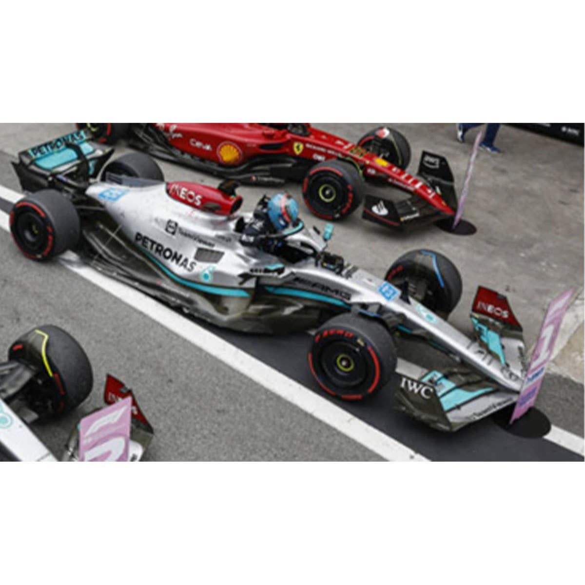 Mercedes-AMG Petronas F1 W13 E Performance No.63 Mercedes-AMG Petronas F1 Team - Winner Brazilian GP 2022 - George Russell.  (With pit and number board) - 1:43 Scale Resin Model Car